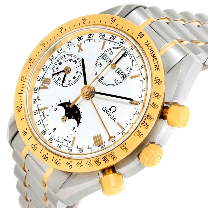 The Omega Speedmaster 3330.20.00 Men
s Stainless Steel White Dial 3330.20.00 Men
s Stainless Steel White Dial watch is shown at an oblique angle, highlighting its gold tachymeter bezel, subdials, and two-tone bracelet.