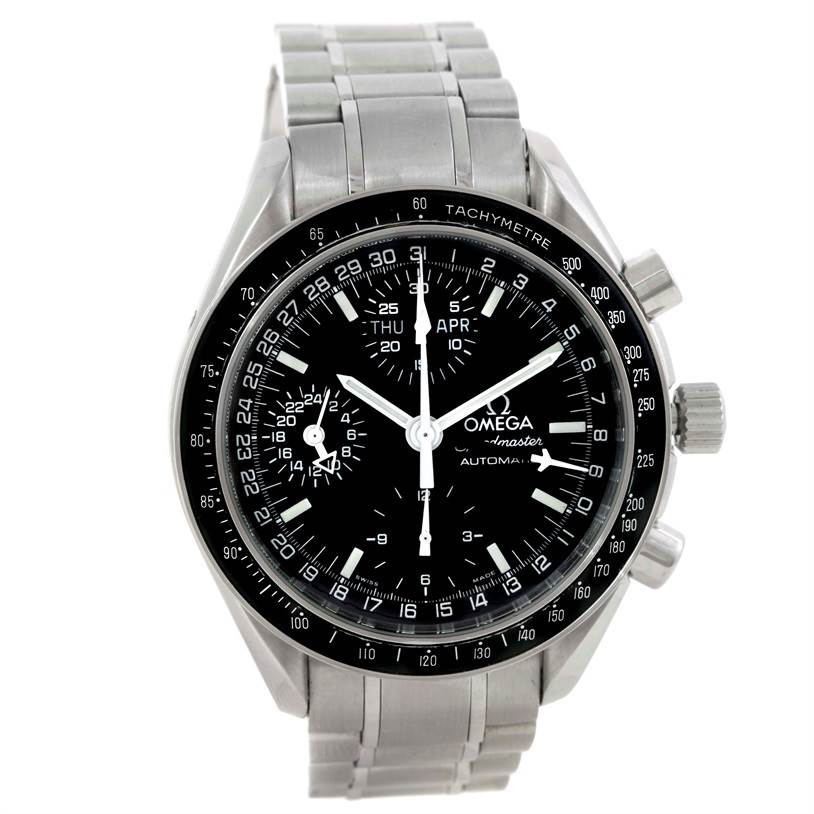 The Omega Speedmaster 3520.50.00 Men
s Stainless Steel Black Dial 3520.50.00 Men
s Stainless Steel Black Dial watch is shown from the front angle, displaying the dial, bezel, sub-dials, and bracelet.