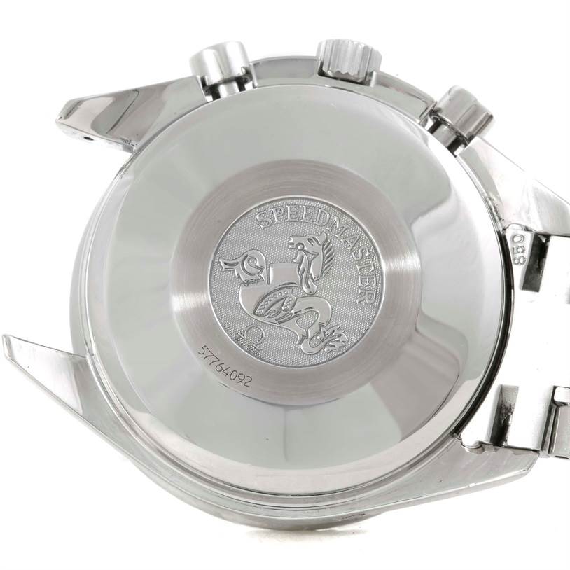 The image shows the back side of the Omega Speedmaster 3520.50.00 Men
s Stainless Steel Black Dial 3520.50.00 Men
s Stainless Steel Black Dial watch, including the case back, crown, and pushers.