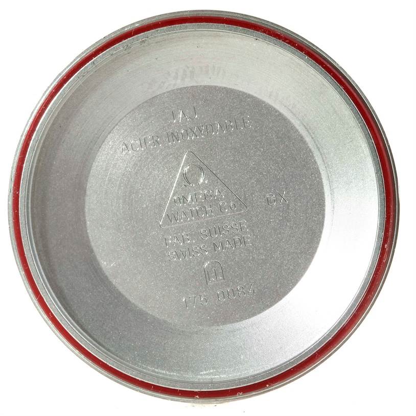 This image shows the inside of the case back of an Omega Speedmaster 3520.50.00 Men
s Stainless Steel Black Dial 3520.50.00 Men
s Stainless Steel Black Dial watch.