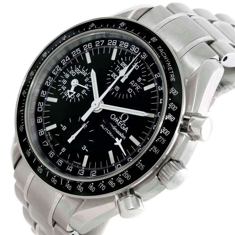 This Omega Speedmaster 3520.50.00 Men
s Stainless Steel Black Dial 3520.50.00 Men
s Stainless Steel Black Dial watch is shown at an angled close-up, displaying its dial, bezel, and stainless steel bracelet.