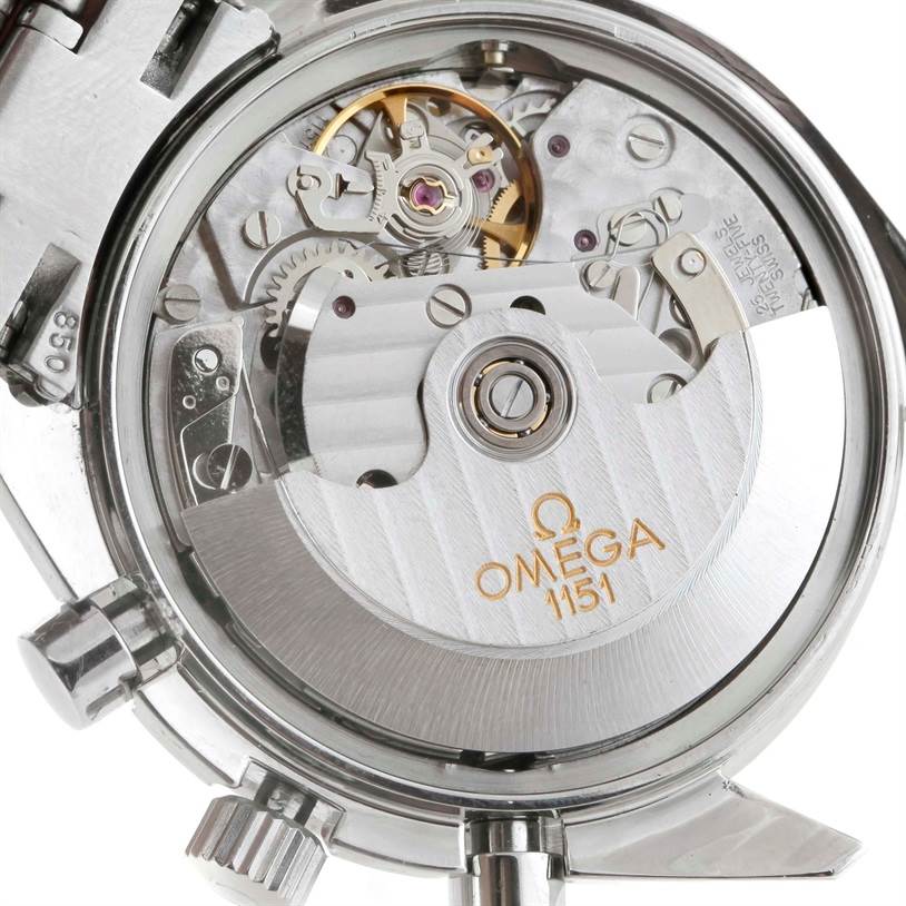 This image shows the back view of the Omega Speedmaster 3520.50.00 Men
s Stainless Steel Black Dial 3520.50.00 Men
s Stainless Steel Black Dial watch, highlighting the intricate movement and internal components.