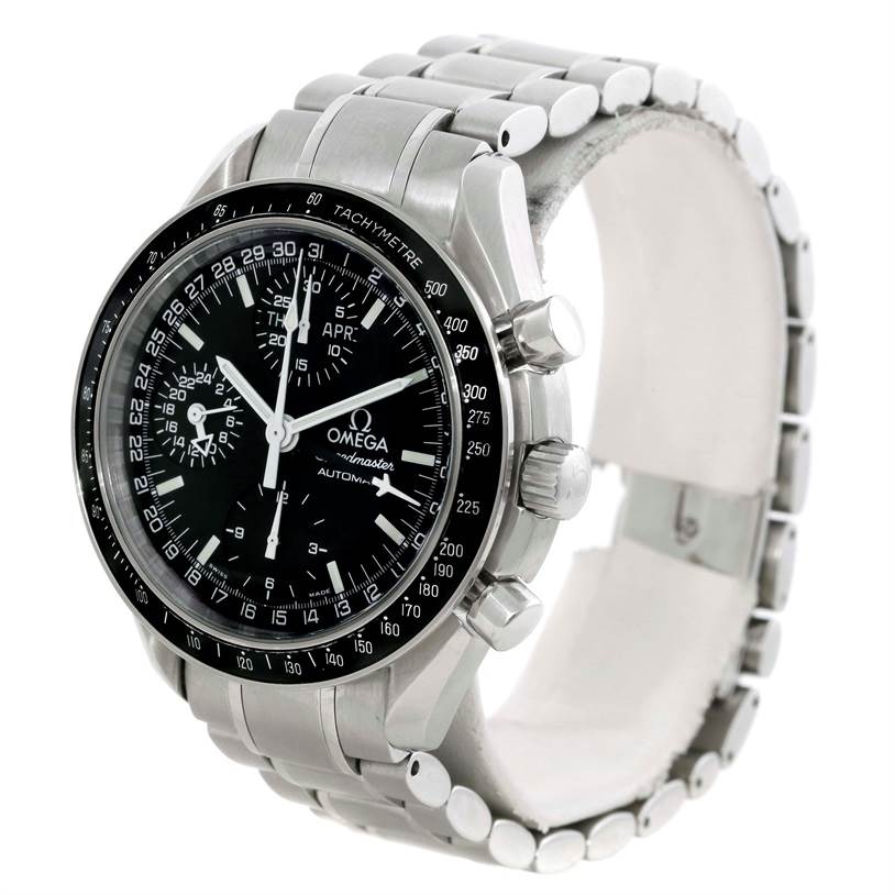 This image shows a front and angled view of an Omega Speedmaster 3520.50.00 Men
s Stainless Steel Black Dial 3520.50.00 Men
s Stainless Steel Black Dial watch, highlighting the stainless steel strap, bezel, and dial features.