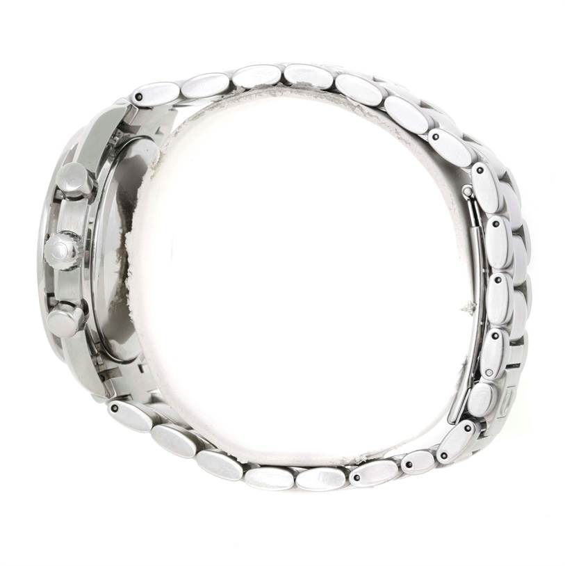 The image shows a side view of the Omega Speedmaster 3520.50.00 Men
s Stainless Steel Black Dial 3520.50.00 Men
s Stainless Steel Black Dial watch, focusing on the bracelet, clasp, and side buttons.