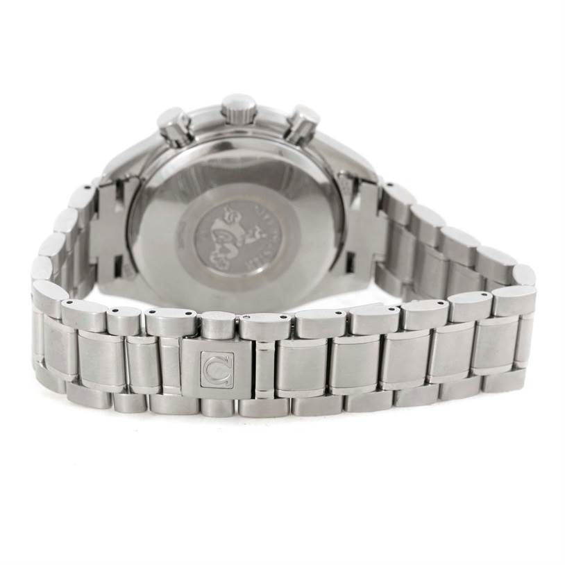 The image shows the back of the Omega Speedmaster 3520.50.00 Men
s Stainless Steel Black Dial 3520.50.00 Men
s Stainless Steel Black Dial watch, featuring the case back and stainless steel bracelet.