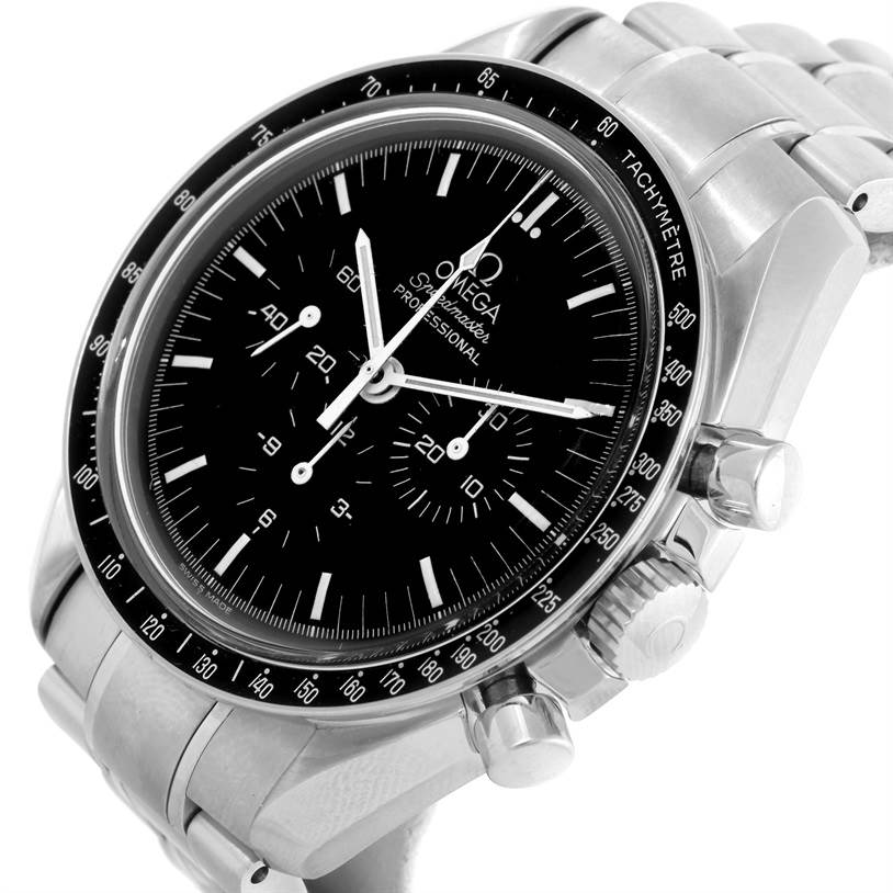 The Omega Speedmaster 3572.50.00 Men
s Stainless Steel Black Dial 3572.50.00 Men
s Stainless Steel Black Dial watch is shown at a slight angle, displaying the dial, tachymeter bezel, pushers, and crown.