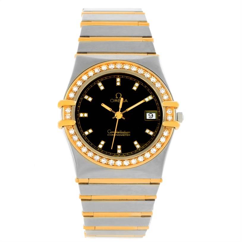 The Omega Constellation Men's Steel and Gold (two tone) Black Dial Men's Steel and Gold (two tone) Black Dial watch is shown from the front, displaying the face, bezel, and bracelet.