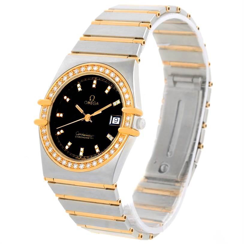 The image shows an Omega Constellation Men's Steel and Gold (two tone) Black Dial Men's Steel and Gold (two tone) Black Dial model watch at a front angle, highlighting its bracelet, face, and diamond-studded bezel.
