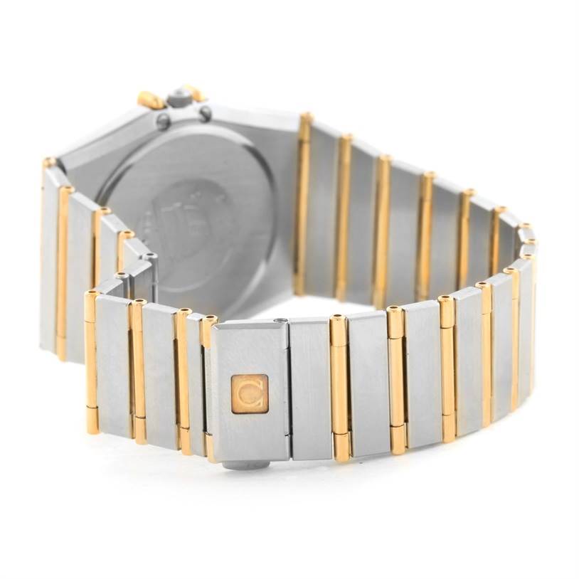This image shows the back and bracelet of the Omega Constellation Men's Steel and Gold (two tone) Black Dial Men's Steel and Gold (two tone) Black Dial watch, with emphasis on the clasp and link design.