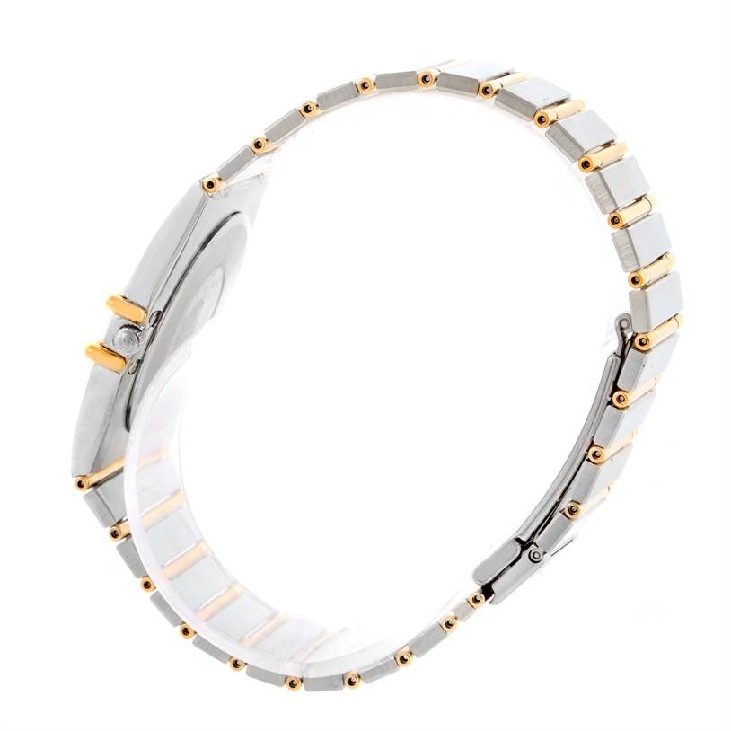 The image shows a side view of the Omega Constellation Men's Steel and Gold (two tone) Black Dial Men's Steel and Gold (two tone) Black Dial watch, highlighting the bracelet and case side with gold accents.