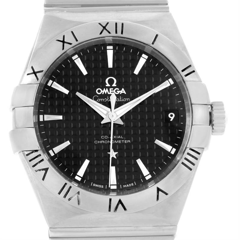 The image shows a front view of the Omega Constellation 123.10.38.21.01.002 Men's Stainless Steel Black Dial 123.10.38.21.01.002 Men's Stainless Steel Black Dial watch displaying its face, bezel, hands, date window, and crown.