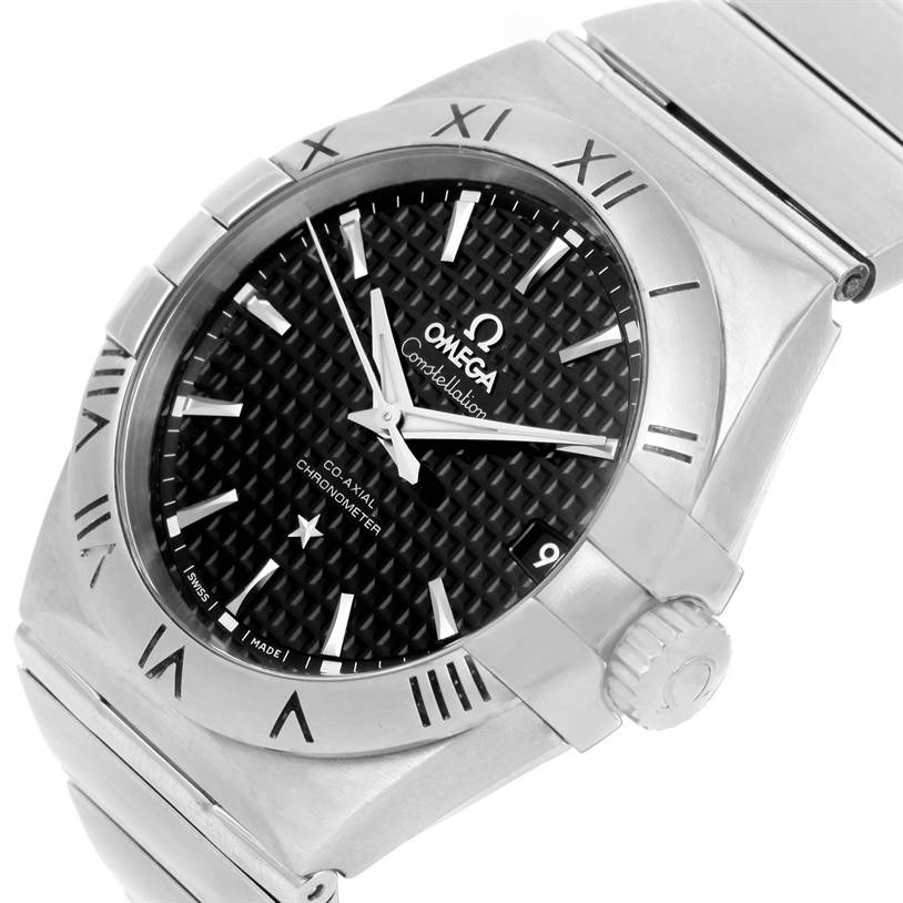 The image shows a close-up angled view of the Omega Constellation 123.10.38.21.01.002 Men's Stainless Steel Black Dial 123.10.38.21.01.002 Men's Stainless Steel Black Dial watch face and part of the bracelet.