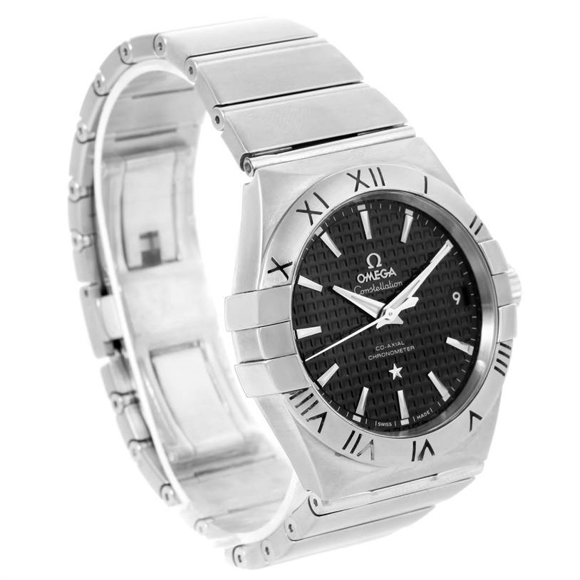 The image shows an Omega Constellation 123.10.38.21.01.002 Men's Stainless Steel Black Dial 123.10.38.21.01.002 Men's Stainless Steel Black Dial watch from a front angle, highlighting the face, bezel, and part of the band.