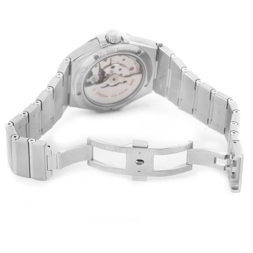 The image shows the back case and bracelet of an Omega Constellation 123.10.38.21.01.002 Men's Stainless Steel Black Dial 123.10.38.21.01.002 Men's Stainless Steel Black Dial watch, with the clasp unfolded.