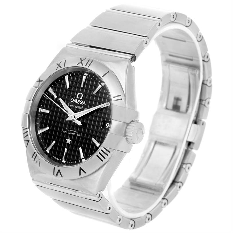 This image shows an Omega Constellation 123.10.38.21.01.002 Men's Stainless Steel Black Dial 123.10.38.21.01.002 Men's Stainless Steel Black Dial watch from a slightly oblique angle, highlighting the dial, bezel, bracelet, and crown.