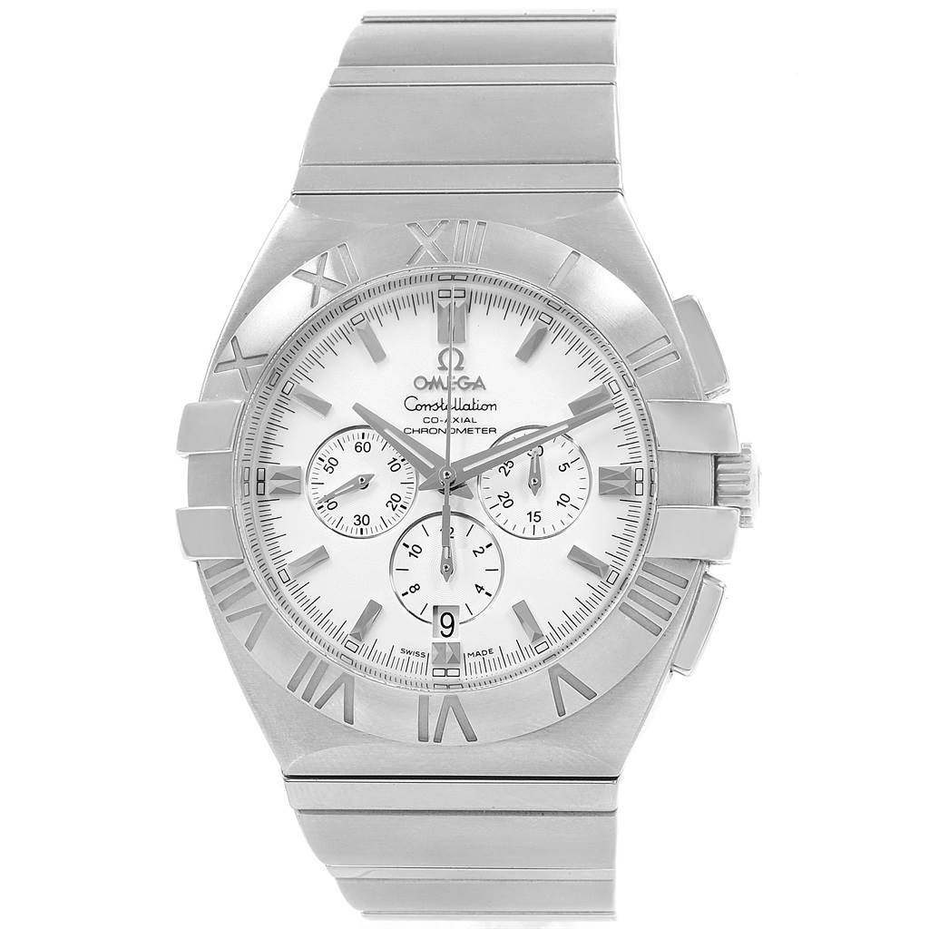 This image shows a front view of an Omega Constellation 1514.20.00 Men
s Stainless Steel White Dial 1514.20.00 Men
s Stainless Steel White Dial watch featuring its dial, bezel, and bracelet.