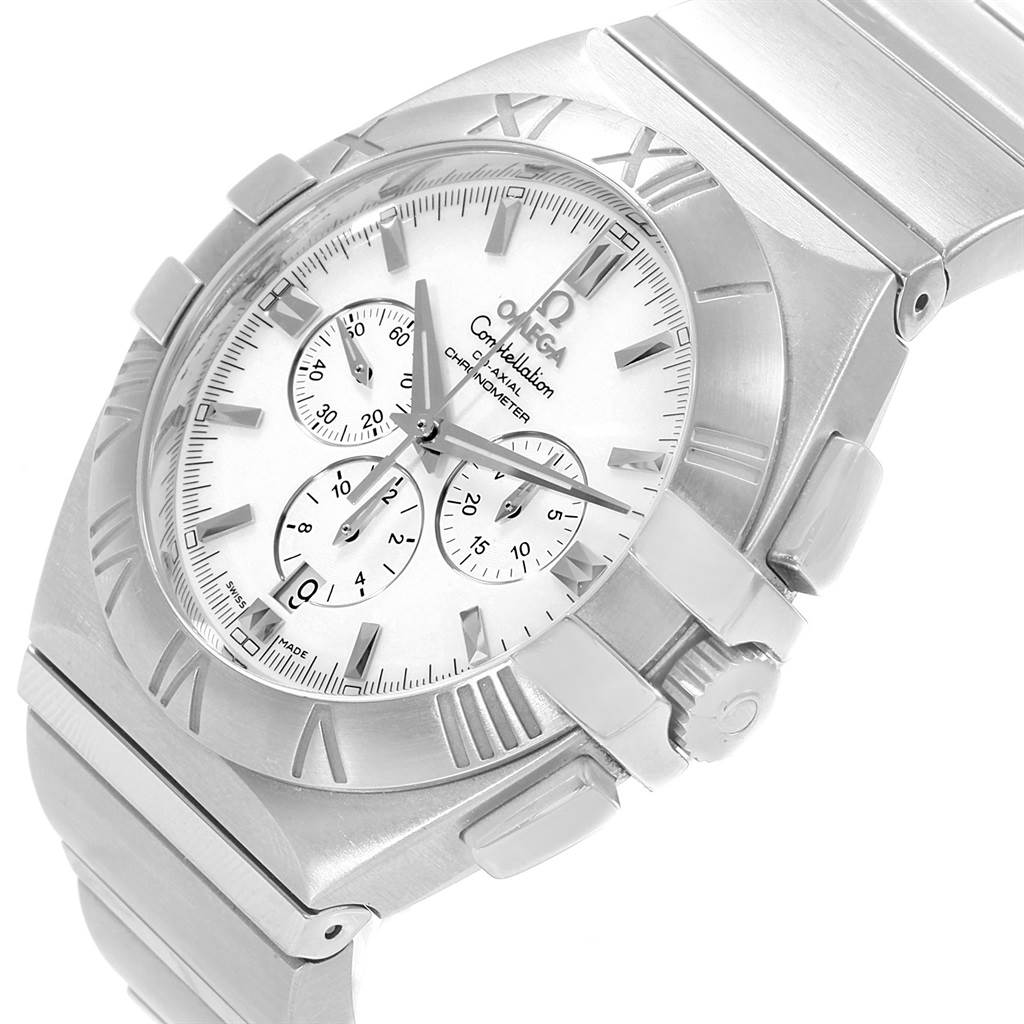 The image shows a close-up angled view of the Omega Constellation 1514.20.00 Men
s Stainless Steel White Dial 1514.20.00 Men
s Stainless Steel White Dial watch, highlighting its dial, bezel, crown, and part of the bracelet.