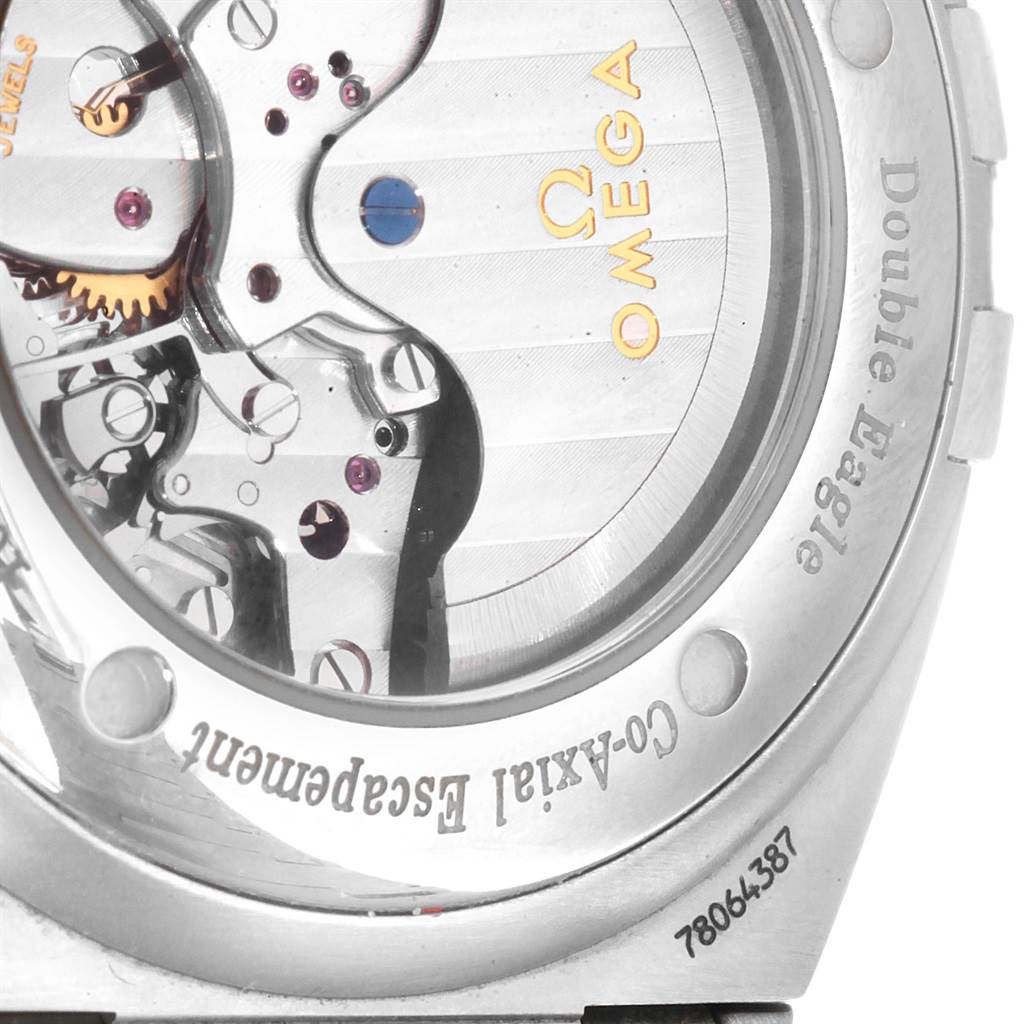 This is a close-up view of the back of the Omega Constellation 1514.20.00 Men
s Stainless Steel White Dial 1514.20.00 Men
s Stainless Steel White Dial Double Eagle watch, showcasing its Co-Axial Escapement mechanism.