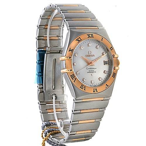 This image shows a side-angle view of an Omega Constellation 11120362052001 OR 111.   20.   36.   20.   52.   001 Rose Gold Silver Dial 11120362052001 OR 111.   20.   36.   20.   52.   001 Rose Gold Silver Dial watch, featuring its dial, bezel, and bracelet.