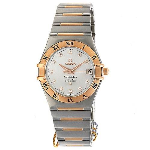 The image shows a front view of an Omega Constellation 11120362052001 OR 111.   20.   36.   20.   52.   001 Rose Gold Silver Dial 11120362052001 OR 111.   20.   36.   20.   52.   001 Rose Gold Silver Dial watch, displaying its dial, case, bezel, and integrated bracelet.