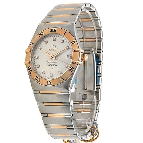 The Omega Constellation 11120362052001 OR 111.   20.   36.   20.   52.   001 Rose Gold Silver Dial 11120362052001 OR 111.   20.   36.   20.   52.   001 Rose Gold Silver Dial watch is shown from a three-quarter angle, revealing the dial, bezel, bracelet, and crown.