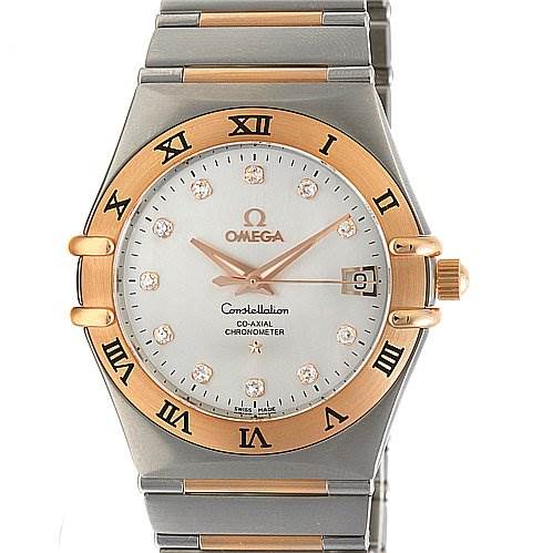 The image shows a front view of an Omega Constellation 11120362052001 OR 111.   20.   36.   20.   52.   001 Rose Gold Silver Dial 11120362052001 OR 111.   20.   36.   20.   52.   001 Rose Gold Silver Dial watch, displaying its dial, bezel, and part of the bracelet.