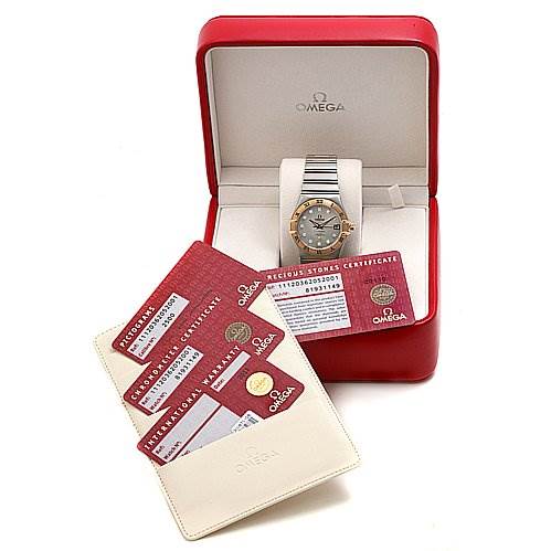 The image shows an Omega Constellation 11120362052001 OR 111.   20.   36.   20.   52.   001 Rose Gold Silver Dial 11120362052001 OR 111.   20.   36.   20.   52.   001 Rose Gold Silver Dial watch in its box, accompanied by warranty cards and a certificate holder.