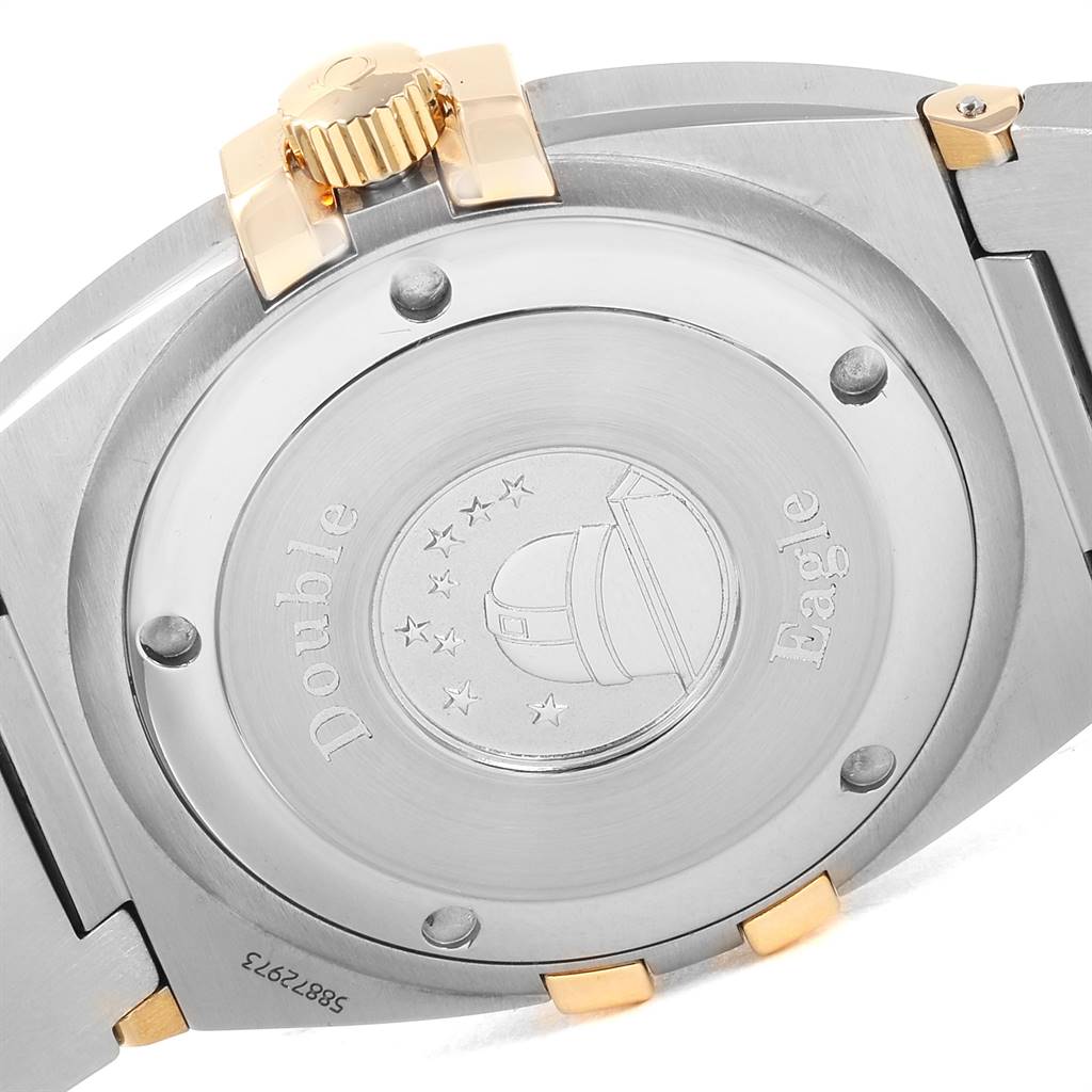 The image shows the case back and part of the bracelet of an Omega Constellation 1211.10.00 Men's Steel and Gold (two tone) Champagne Dial 1211.10.00 Men's Steel and Gold (two tone) Champagne Dial Double Eagle watch.