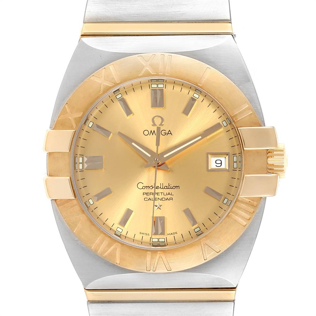 The image shows a front view of the Omega Constellation 1211.10.00 Men's Steel and Gold (two tone) Champagne Dial 1211.10.00 Men's Steel and Gold (two tone) Champagne Dial watch, highlighting the dial, bezel, and part of the bracelet.