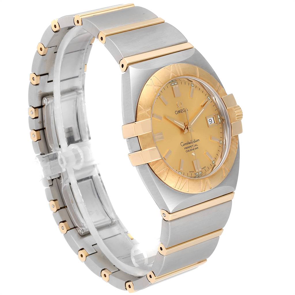 The image shows a side view of the Omega Constellation 1211.10.00 Men's Steel and Gold (two tone) Champagne Dial 1211.10.00 Men's Steel and Gold (two tone) Champagne Dial watch, highlighting its gold-and-silver tone bracelet and dial.