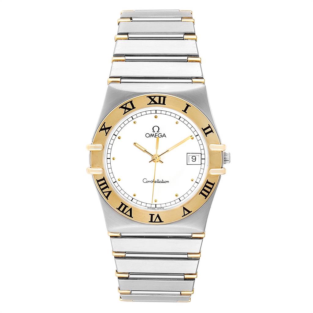 The image shows a front view of an Omega Constellation 396.1076 Men's Steel and Gold (two tone) White Dial 396.1076 Men's Steel and Gold (two tone) White Dial watch, displaying the face, bezel, and part of the bracelet.