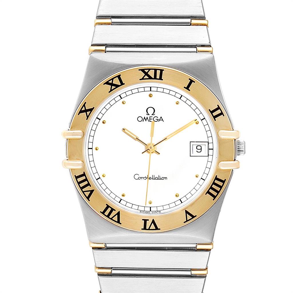 This Omega Constellation 396.1076 Men's Steel and Gold (two tone) White Dial 396.1076 Men's Steel and Gold (two tone) White Dial watch is shown from a front angle, highlighting the dial, bezel, and part of the bracelet.