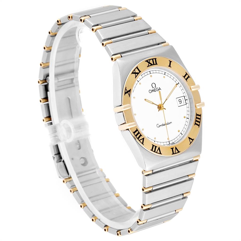 This Omega Constellation 396.1076 Men's Steel and Gold (two tone) White Dial 396.1076 Men's Steel and Gold (two tone) White Dial watch is shown at a three-quarter angle, highlighting its dial, bezel, and bracelet.