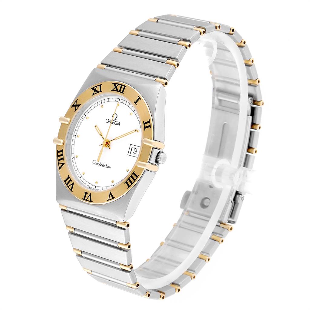 The image shows an angled view of an Omega Constellation 396.1076 Men's Steel and Gold (two tone) White Dial 396.1076 Men's Steel and Gold (two tone) White Dial watch, highlighting its face, bezel, and bracelet.