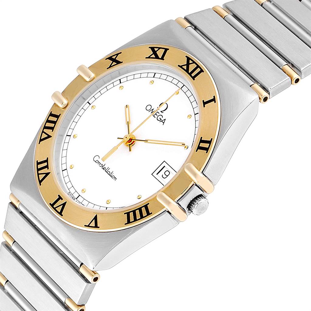 The image shows an angled view of an Omega Constellation 396.1076 Men's Steel and Gold (two tone) White Dial 396.1076 Men's Steel and Gold (two tone) White Dial watch, highlighting its gold bezel, white dial, date window, and metal bracelet.
