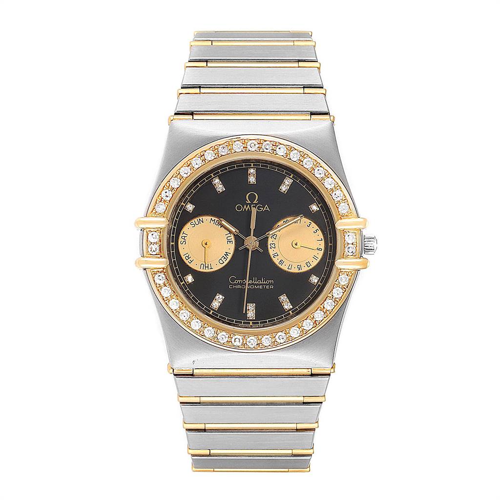 The Omega Constellation  Men's Steel and Gold (two tone) Black Dial  Men's Steel and Gold (two tone) Black Dial watch is shown from a top-down angle, displaying its face, bezel, and bracelet.