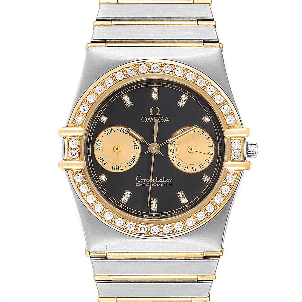 The Omega Constellation  Men's Steel and Gold (two tone) Black Dial  Men's Steel and Gold (two tone) Black Dial watch is viewed from the front, showcasing its black dial, dual sub-dials, and diamond-studded bezel.