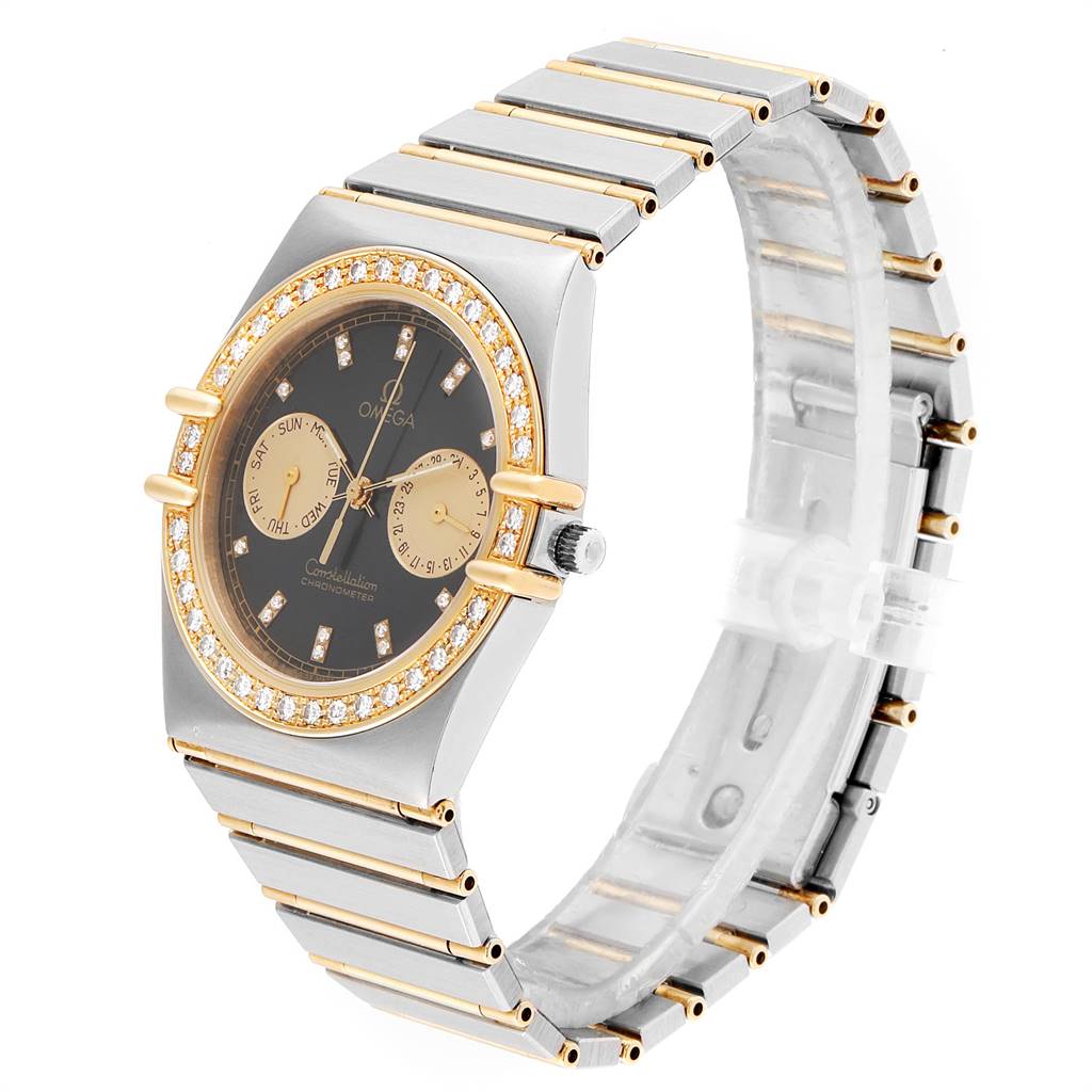 The image shows an angled view of an Omega Constellation  Men's Steel and Gold (two tone) Black Dial  Men's Steel and Gold (two tone) Black Dial watch, highlighting its face, diamond bezel, and metal bracelet.