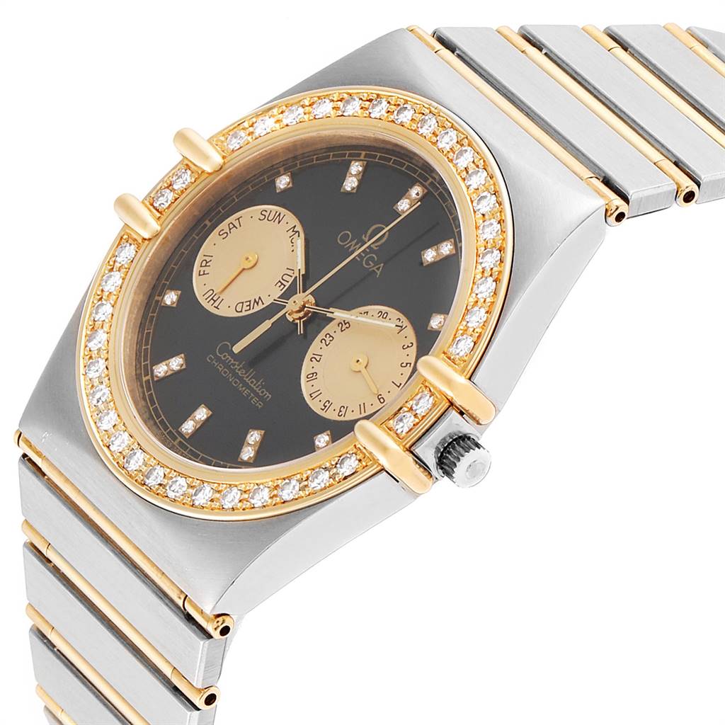The image shows a side angle of an Omega Constellation  Men's Steel and Gold (two tone) Black Dial  Men's Steel and Gold (two tone) Black Dial watch, highlighting its diamond-studded bezel, dial, and part of the bracelet.