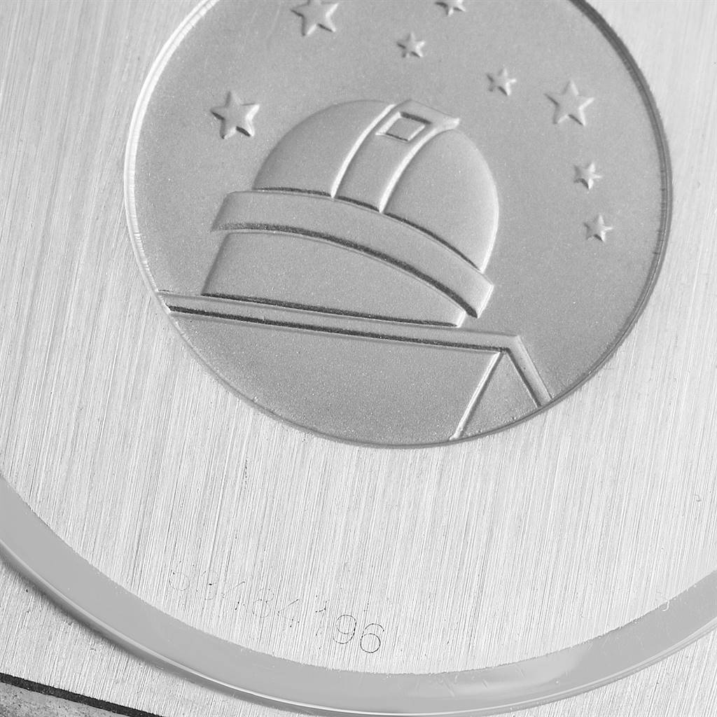 The image shows a close-up of the case back of an Omega Constellation 396.1076 Men
s Steel and Gold (two tone) White Dial 396.1076 Men
s Steel and Gold (two tone) White Dial watch, featuring the observatory medallion engraving.