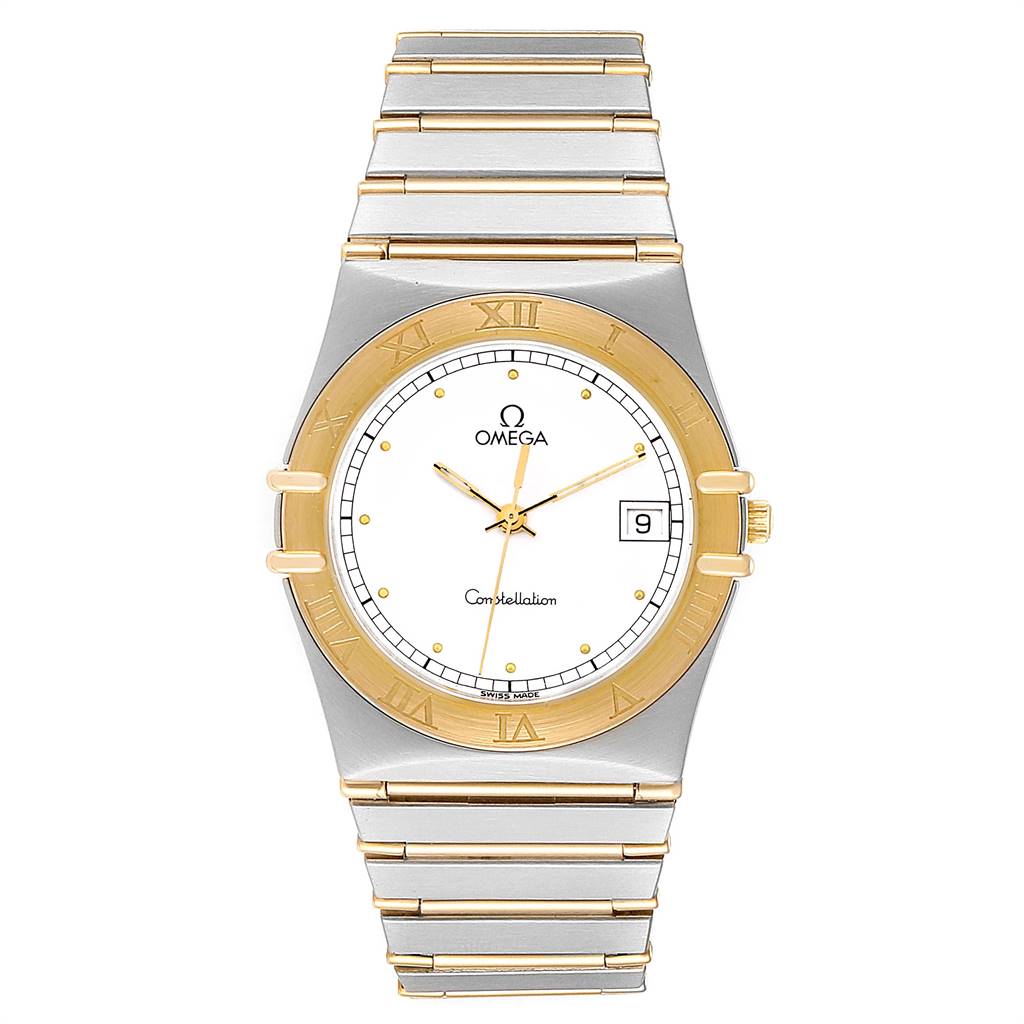 The image shows a front view of an Omega Constellation 396.1076 Men
s Steel and Gold (two tone) White Dial 396.1076 Men
s Steel and Gold (two tone) White Dial watch, featuring the face, bezel, and bracelet.