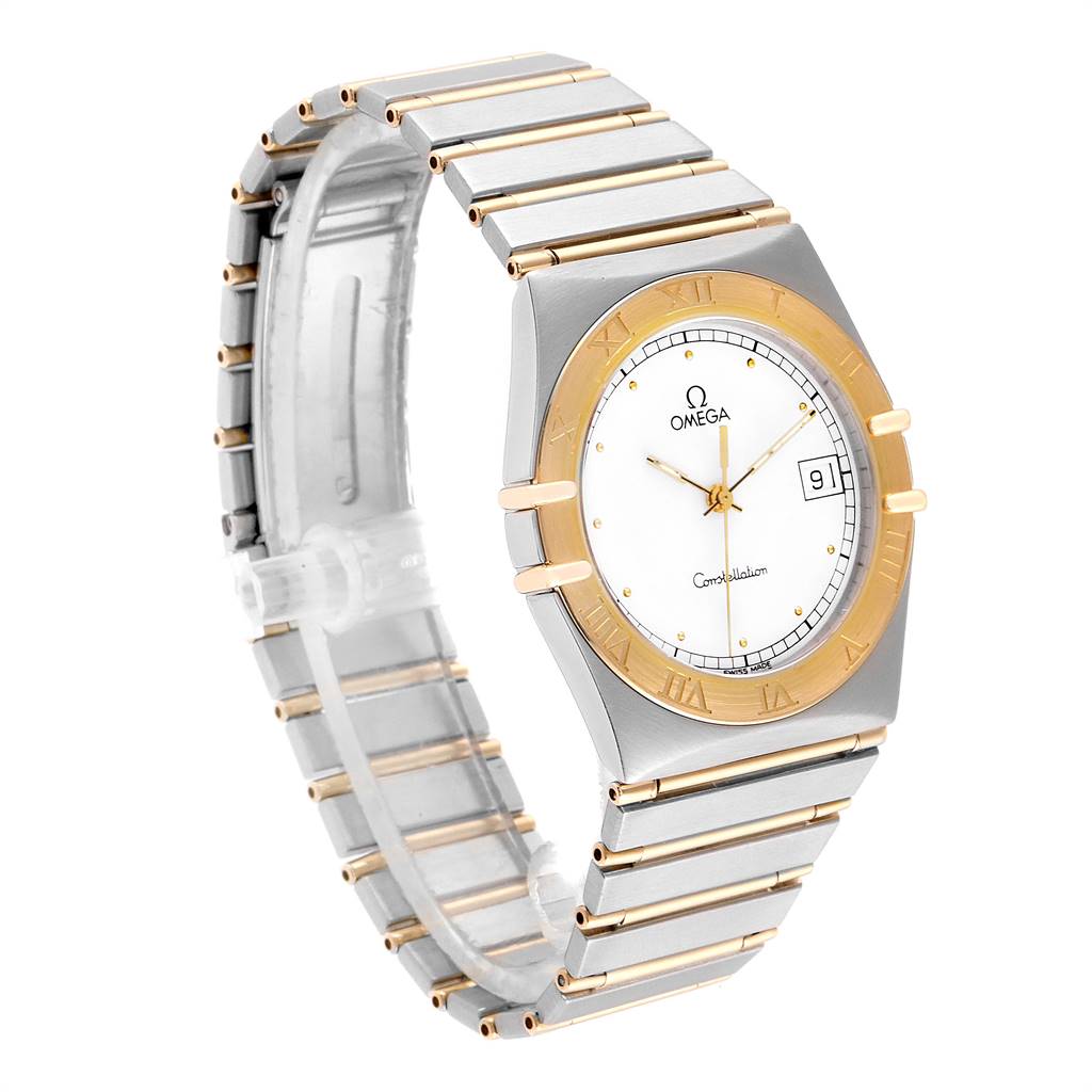 The image shows the Omega Constellation 396.1076 Men
s Steel and Gold (two tone) White Dial 396.1076 Men
s Steel and Gold (two tone) White Dial watch from a three-quarter angle, highlighting its gold bezel, silver bracelet, and white dial.