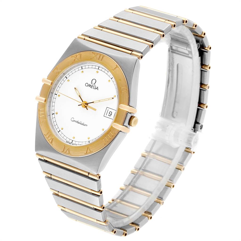 The image shows a side-angle view of the Omega Constellation 396.1076 Men
s Steel and Gold (two tone) White Dial 396.1076 Men
s Steel and Gold (two tone) White Dial watch, highlighting its face, bezel, and bracelet.