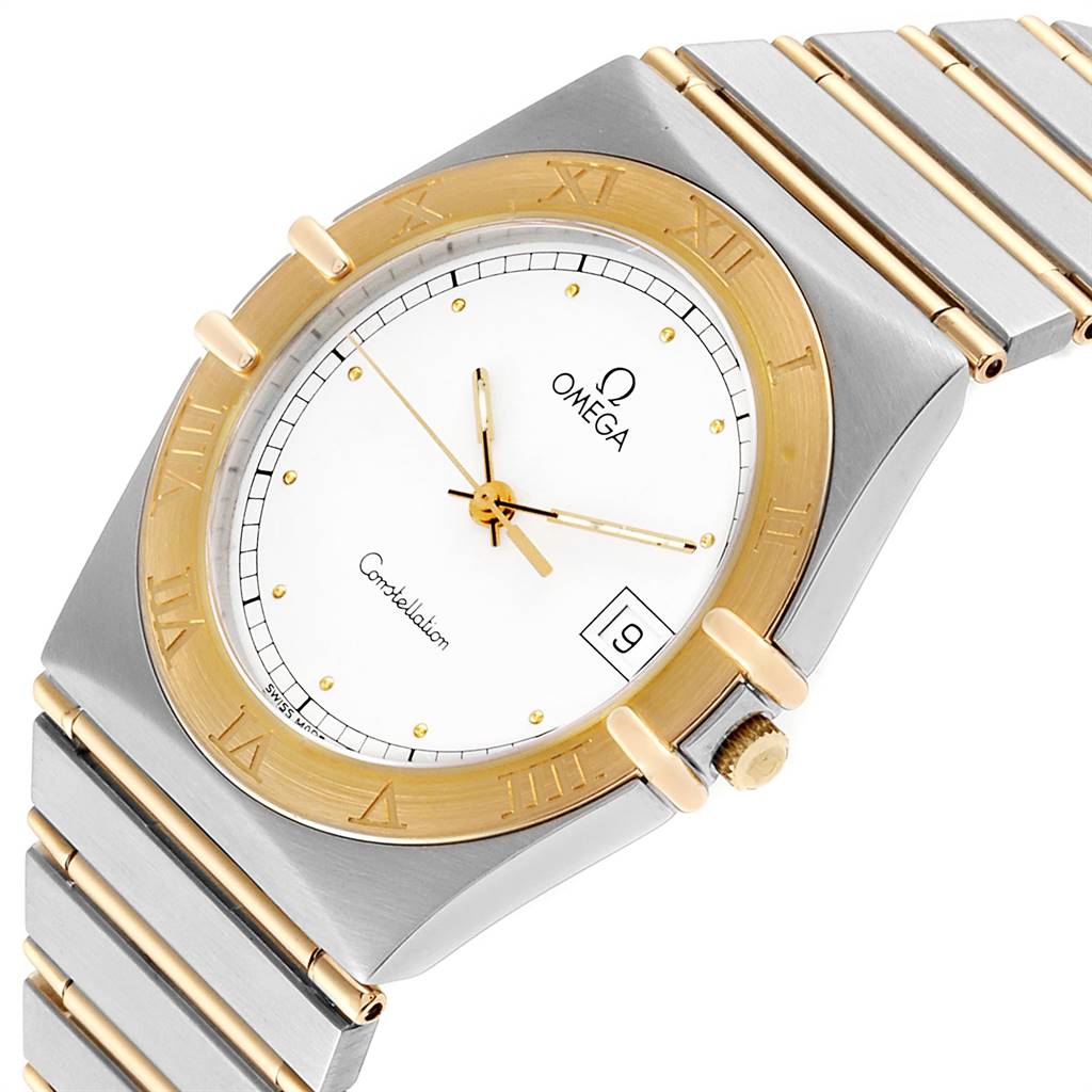 The Omega Constellation 396.1076 Men
s Steel and Gold (two tone) White Dial 396.1076 Men
s Steel and Gold (two tone) White Dial watch is shown at a slight angle, highlighting the face, bezel, hands, date window, and bracelet.