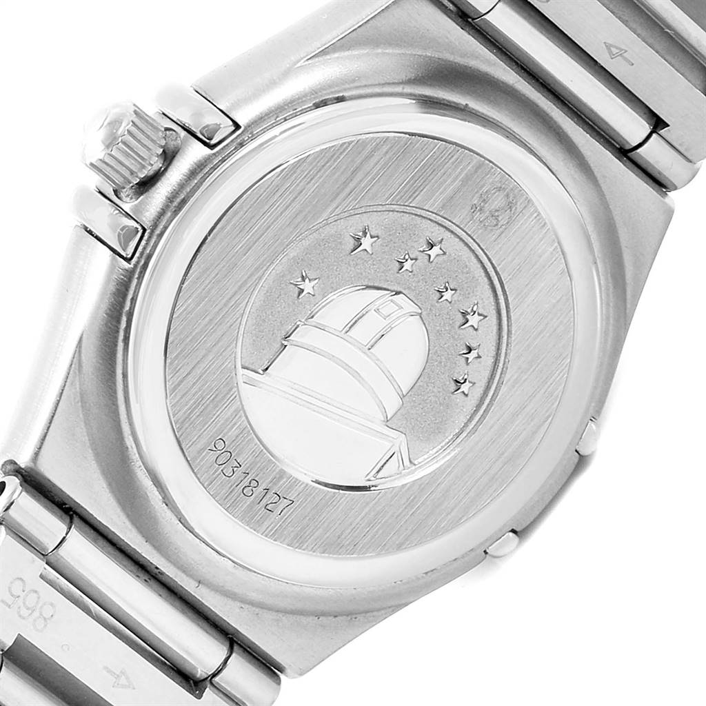 The image shows the back of an Omega Constellation 1466.71.00 Women's Stainless Steel Mother of Pearl Dial 1466.71.00 Women's Stainless Steel Mother of Pearl Dial watch, highlighting the engraved observatory design and serial number.