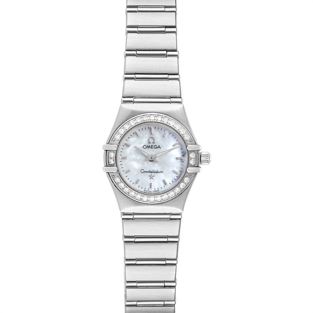 The image shows a front view of an Omega Constellation 1466.71.00 Women's Stainless Steel Mother of Pearl Dial 1466.71.00 Women's Stainless Steel Mother of Pearl Dial watch, displaying its face and full metal bracelet.