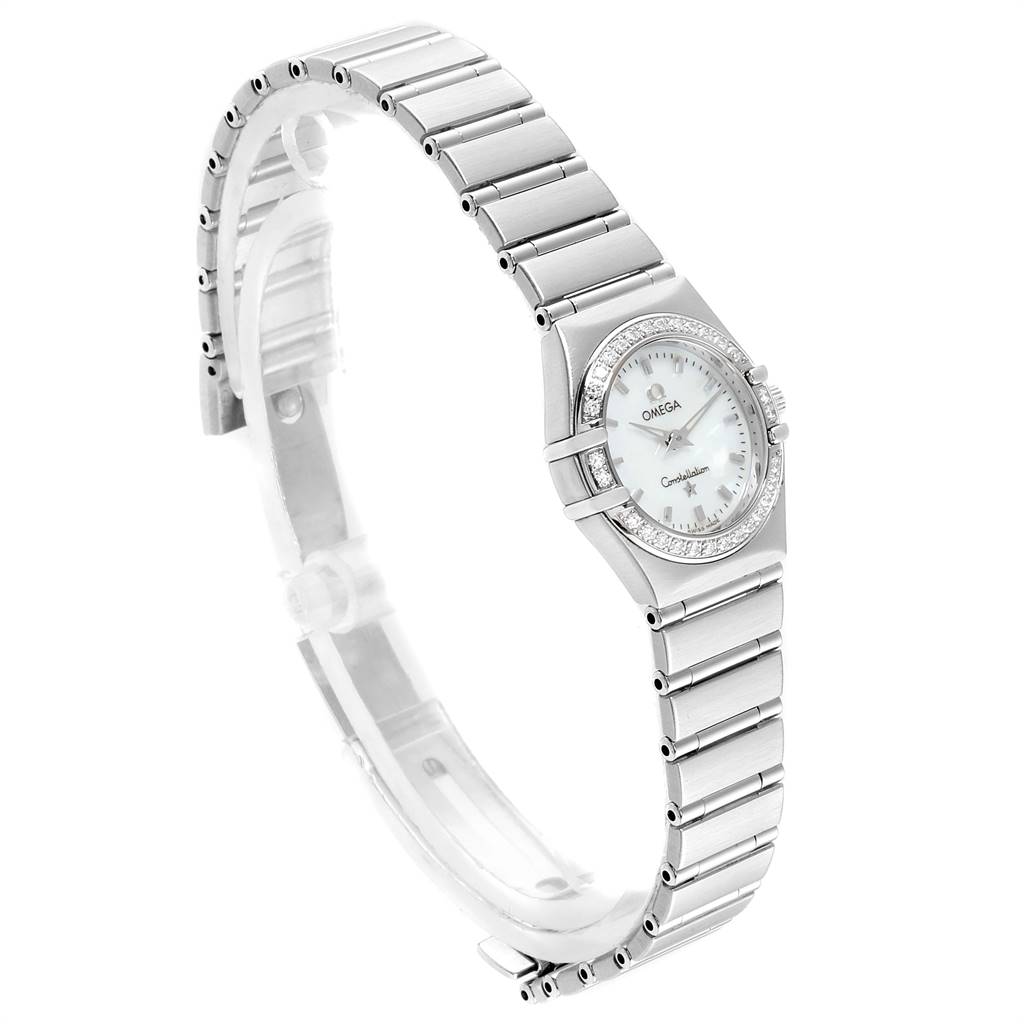 The image shows a side angle view of the Omega Constellation 1466.71.00 Women's Stainless Steel Mother of Pearl Dial 1466.71.00 Women's Stainless Steel Mother of Pearl Dial watch, highlighting its bracelet, bezel, and dial.