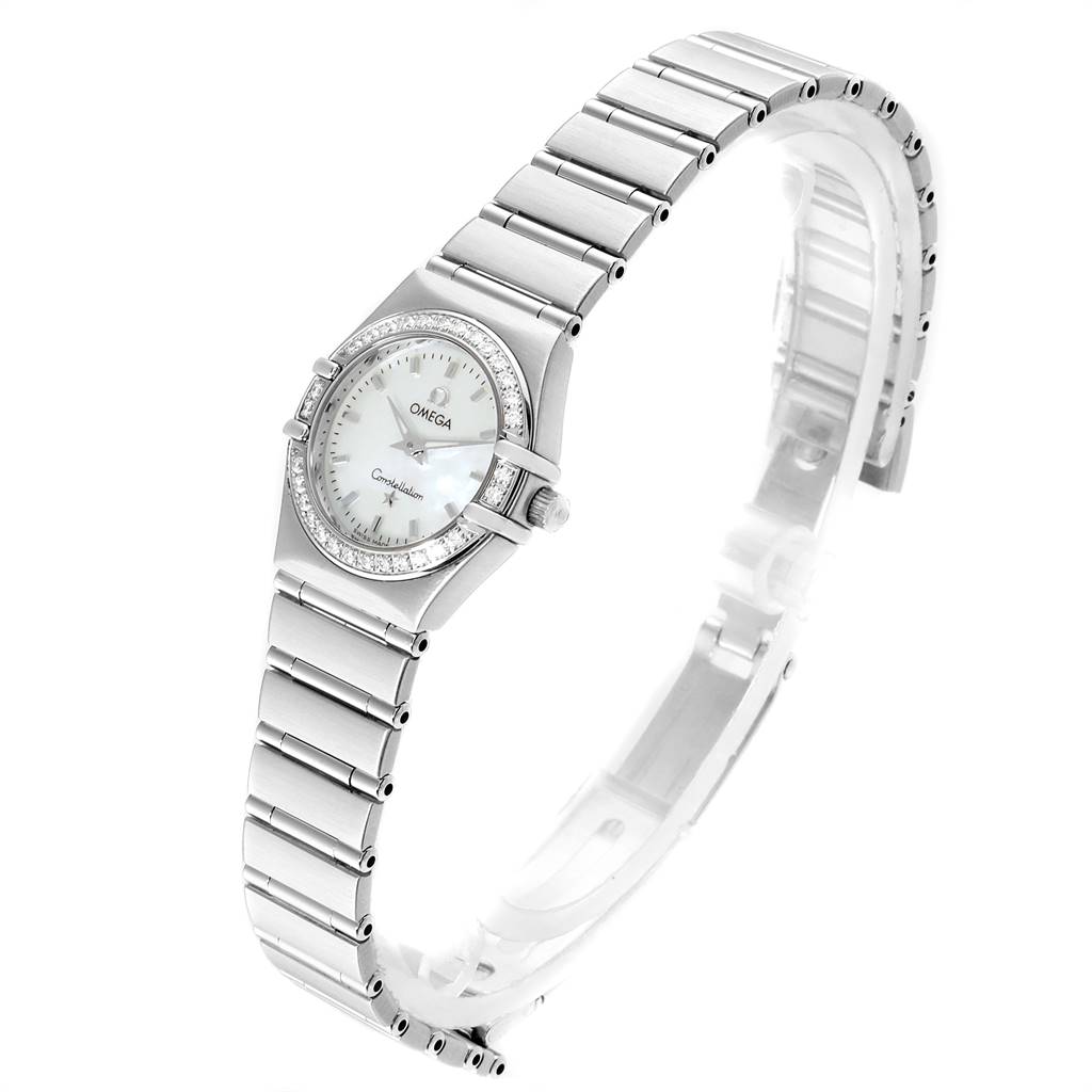 The image shows an angled side view of an Omega Constellation 1466.71.00 Women's Stainless Steel Mother of Pearl Dial 1466.71.00 Women's Stainless Steel Mother of Pearl Dial watch displaying the face, bracelet, and crown.