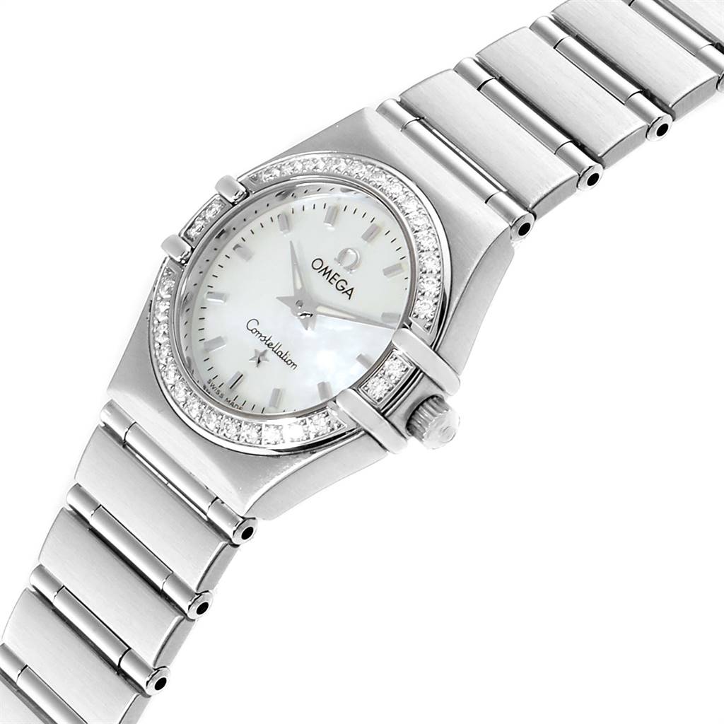 The image shows a close-up angled view of an Omega Constellation 1466.71.00 Women's Stainless Steel Mother of Pearl Dial 1466.71.00 Women's Stainless Steel Mother of Pearl Dial watch, highlighting the face, bezel, and part of the band.
