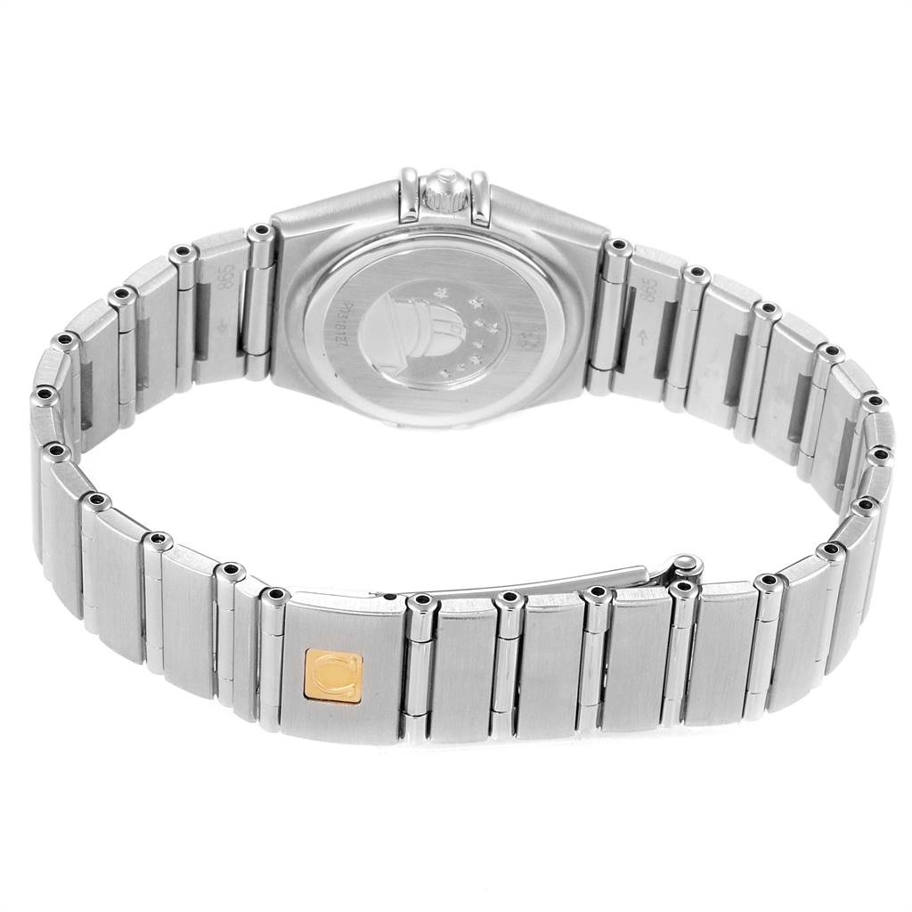 The image shows the back and bracelet of an Omega Constellation 1466.71.00 Women's Stainless Steel Mother of Pearl Dial 1466.71.00 Women's Stainless Steel Mother of Pearl Dial watch, highlighting the case back and metal links.